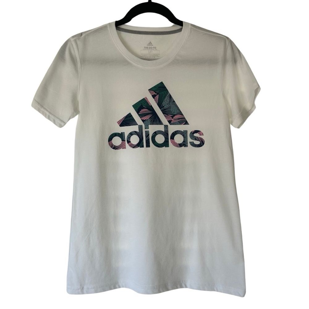Adidas T Shirt Top Logo Graphic Tropical Performance White Tee Women’s Small
